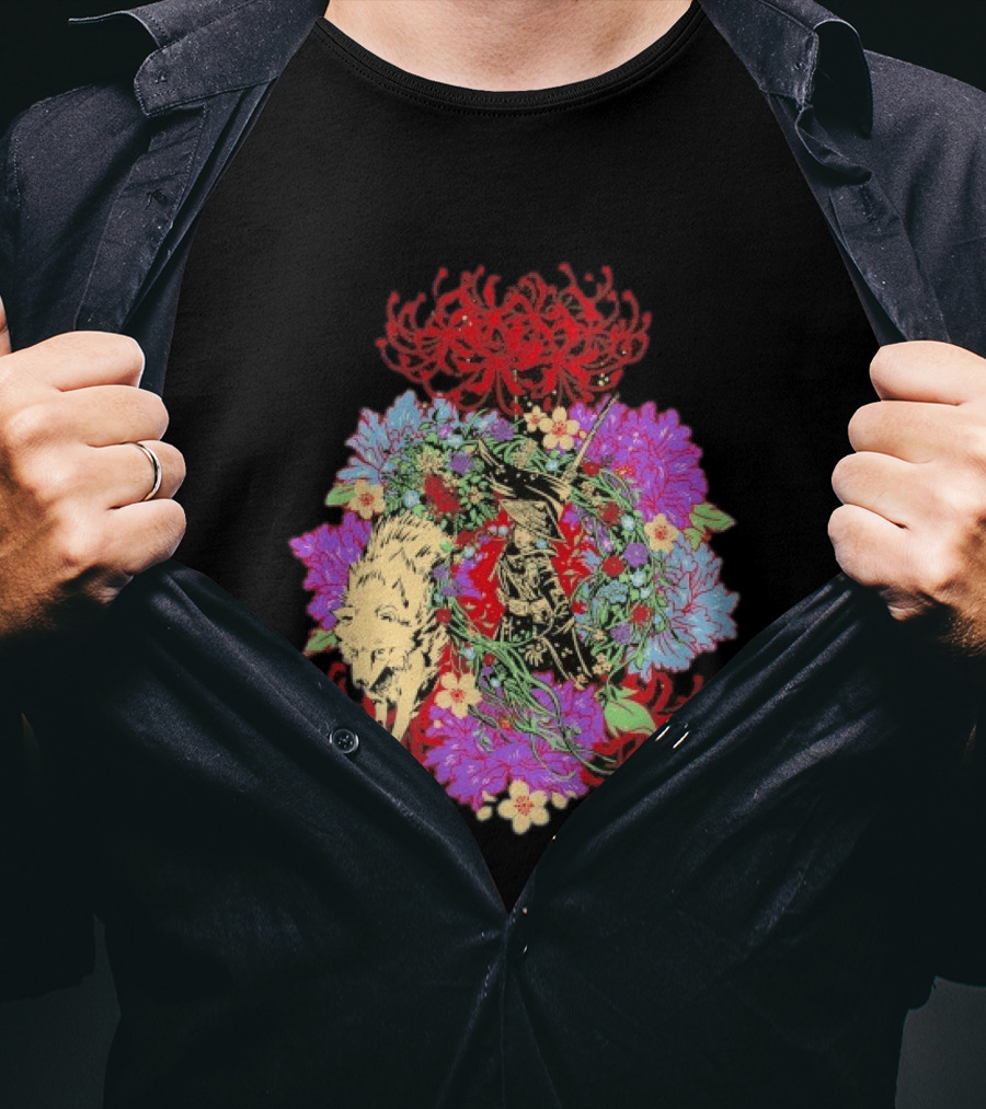 Beast Of Reincarnation Blooming Artistic Floral Samuraи Wolf Fusion T-Shirt