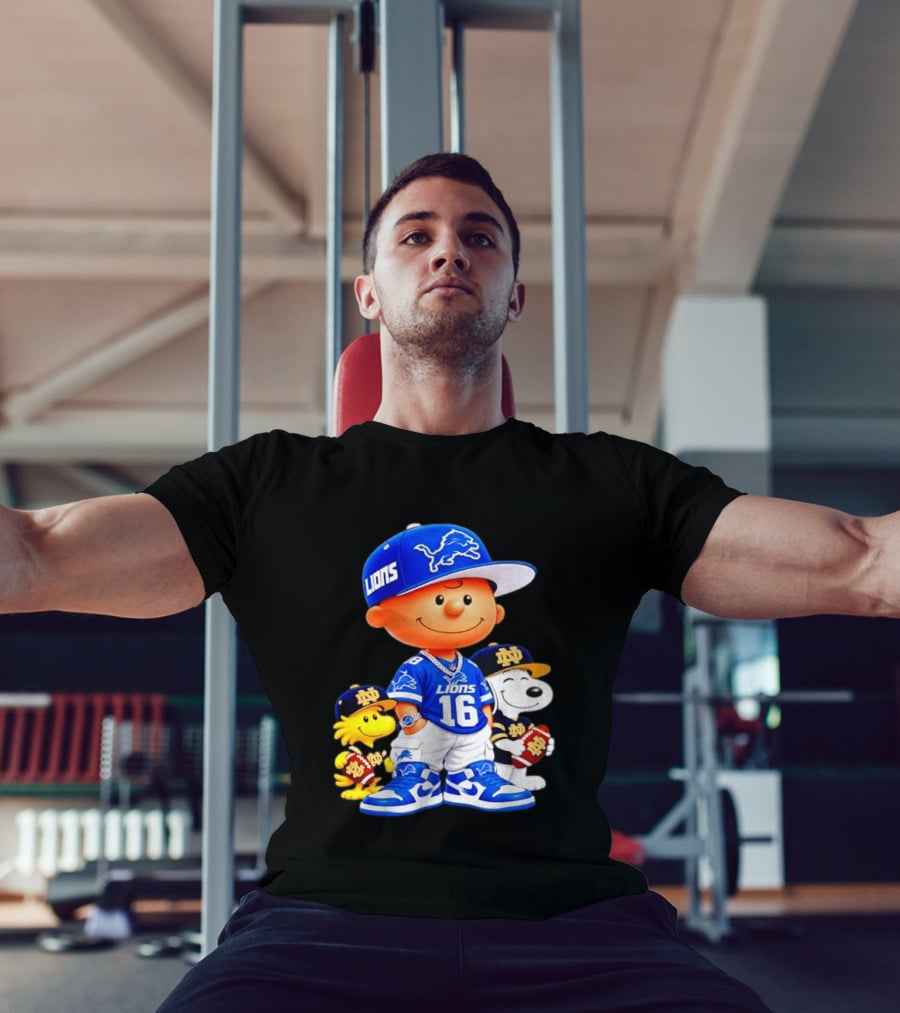 Charlie Brown Snoopy Woodstock Detroit Lions 16 Jersey Notre Dame Iconic Peanuts Characters T-Shirt