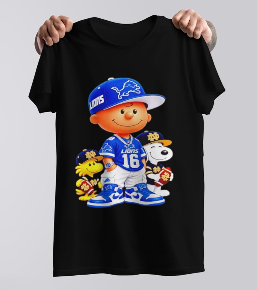 Charlie Brown Snoopy Woodstock Detroit Lions 16 Jersey Notre Dame Iconic Peanuts Characters T-Shirt