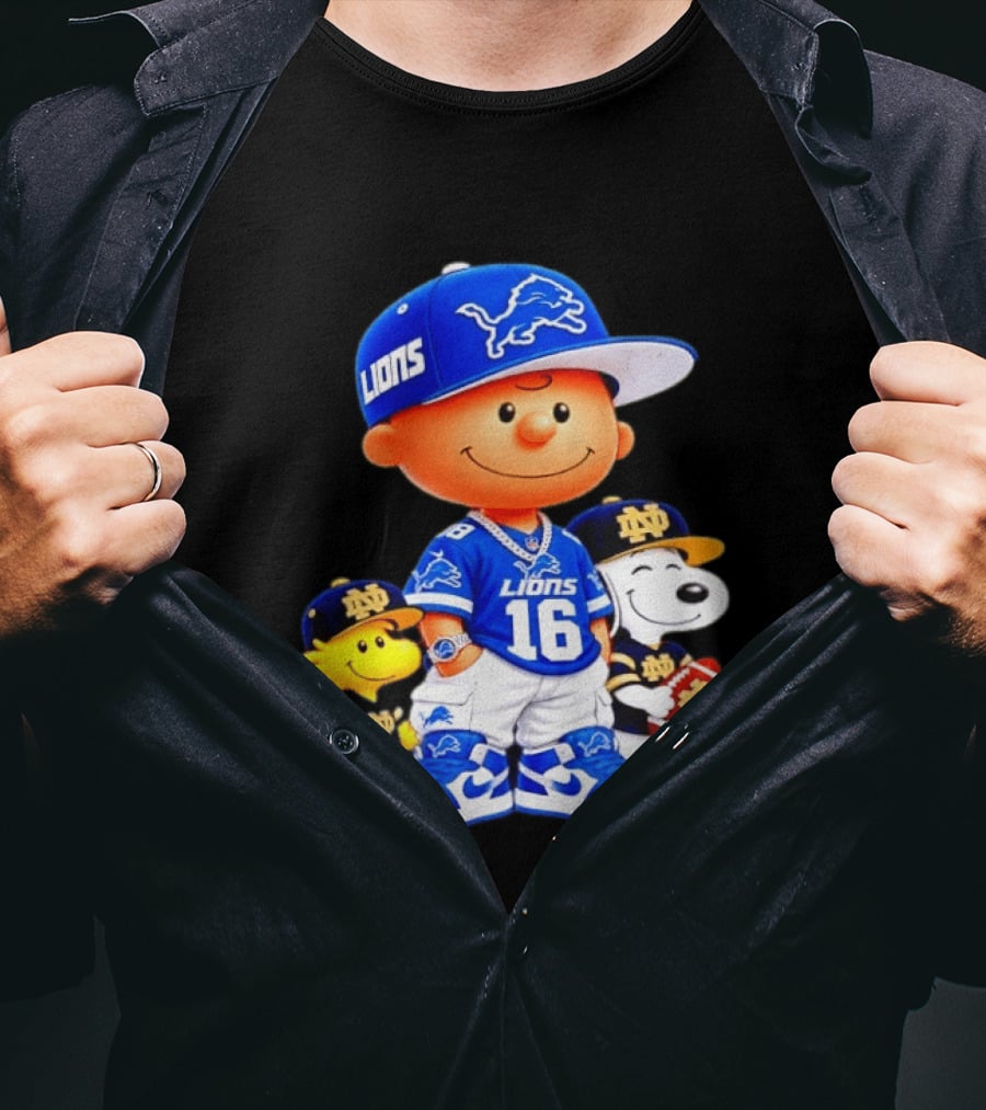 Charlie Brown Snoopy Woodstock Detroit Lions 16 Jersey Notre Dame Iconic Peanuts Characters T-Shirt