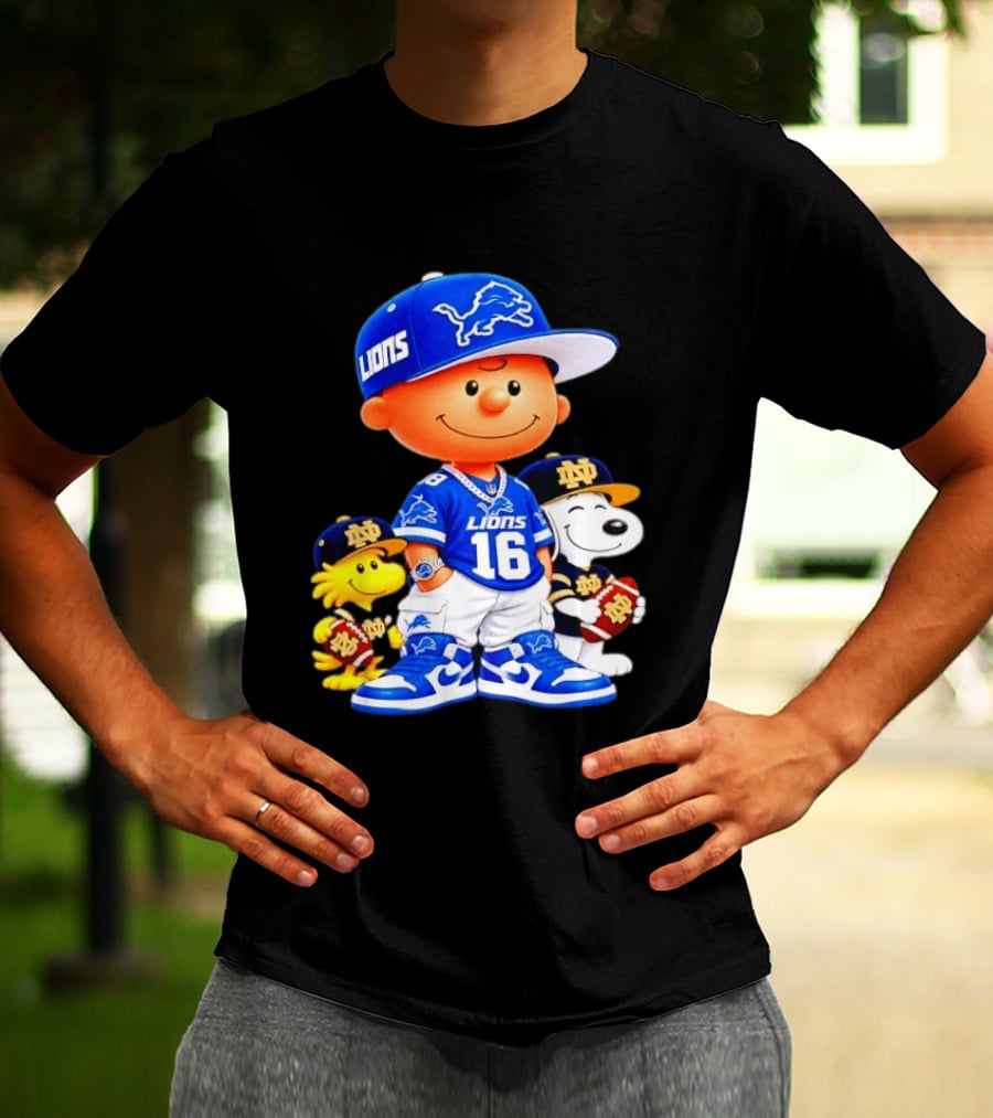 Charlie Brown Snoopy Woodstock Detroit Lions 16 Jersey Notre Dame Iconic Peanuts Characters T-Shirt