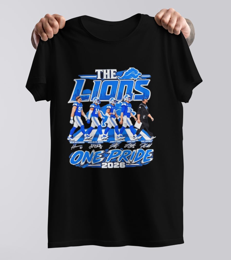 Detroit Lions The Lions One Pride Abbey Road 2026 Aidan Hutchinson Jahmyr Gibbs Jared Goff Dan Campbell T-Shirt