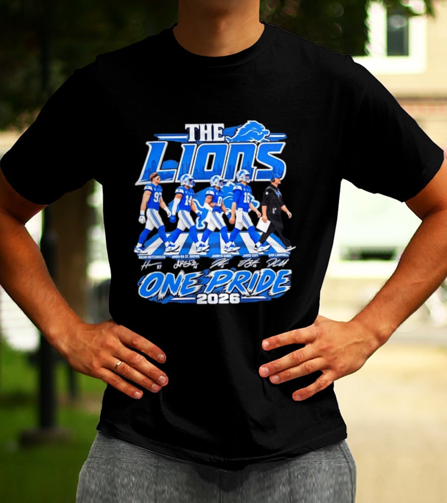 Detroit Lions The Lions One Pride Abbey Road 2026 Aidan Hutchinson Jahmyr Gibbs Jared Goff Dan Campbell T-Shirt
