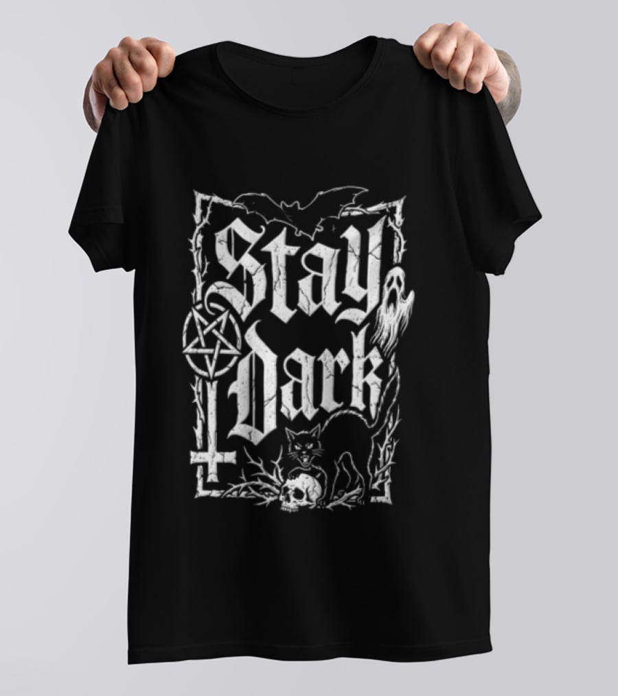 Stay Dark Gothic Bat Pentagram Ghost Black Cat Skull Thorns T-Shirt