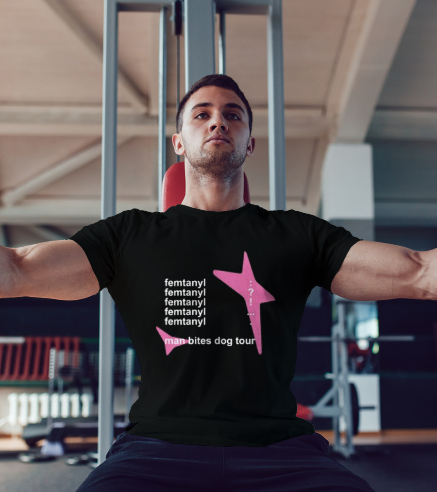 Femtanyl Man Bites Dog Tour Five Times Repeat Text Pink Question Mark T-Shirt
