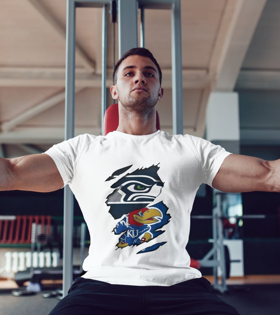 Seattle Seahawks And Kansas Jayhawks Torn Fabric Football And Basketball Fan Merchandise T-Shirt