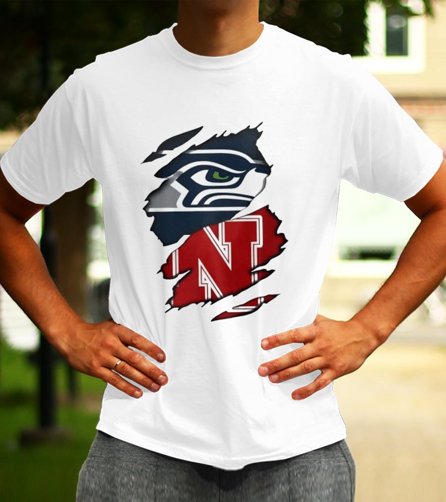 Seattle Seahawks And Nebraska Cornhuskers Split Torn Fabric Blend T-Shirt