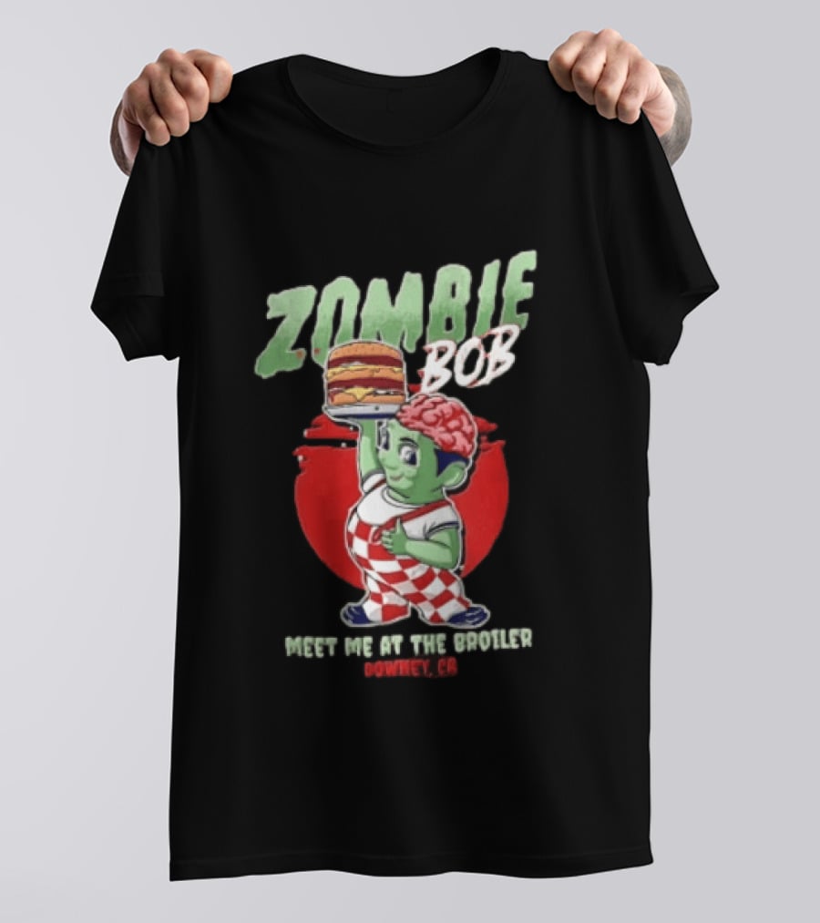 Zombie Bob Meet Me At The Broiler Downey CA Green With Exposed Brain T-Shirt