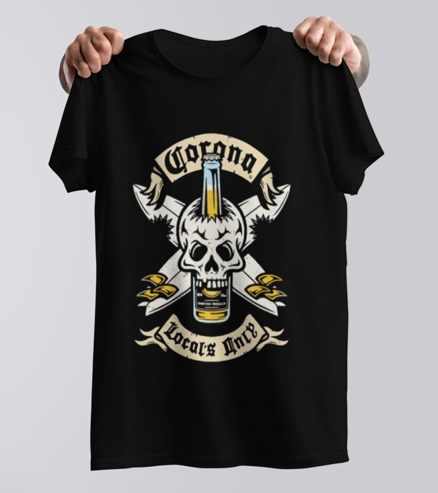 Corona Locals Only Skull And Beer Bottle Icon With Nautical Anchors T-Shirt