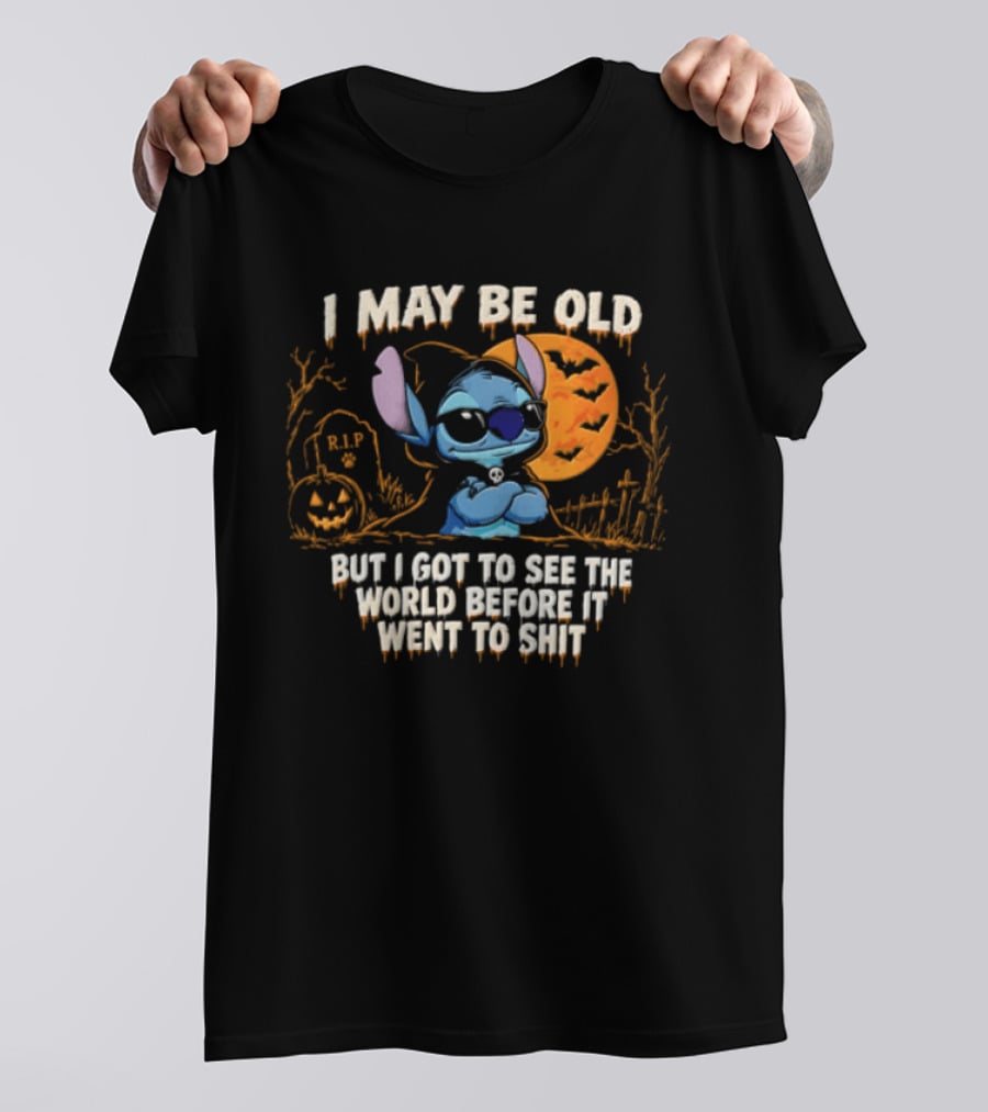 I May Be Old But I Got To See The World Before It Went To Shit Halloween RIP Pumpkin Bat Stitches T-Shirt