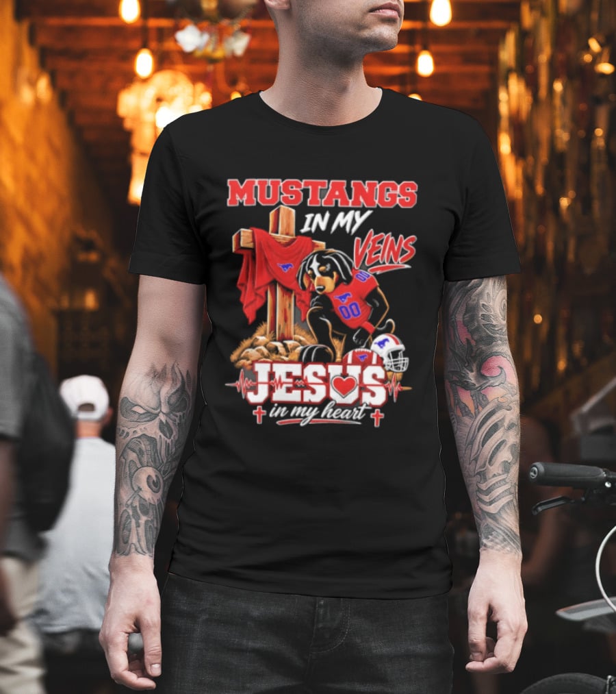 Mustangs In My Veins Football Faith Jesus In My Heart T-Shirt