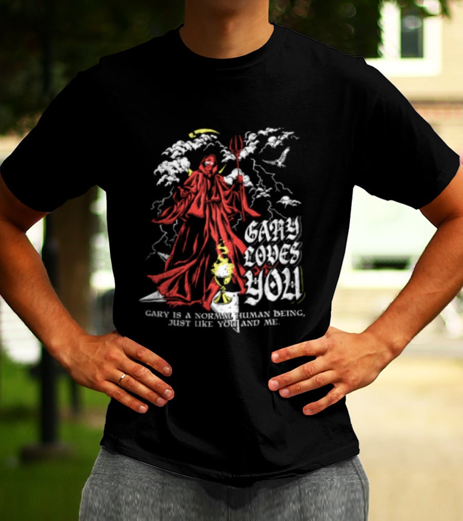 Gary Loves You Gary Is A Normal Human Being Just Like You And Me Red Cloaked Figure With Lightning And Clouds T-Shirt