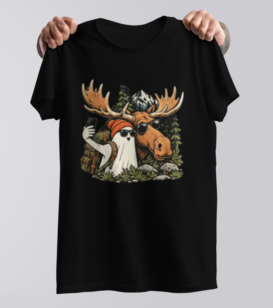 Ghost Backpack Selfie With Moose In Forest Adventure Scene T-Shirt