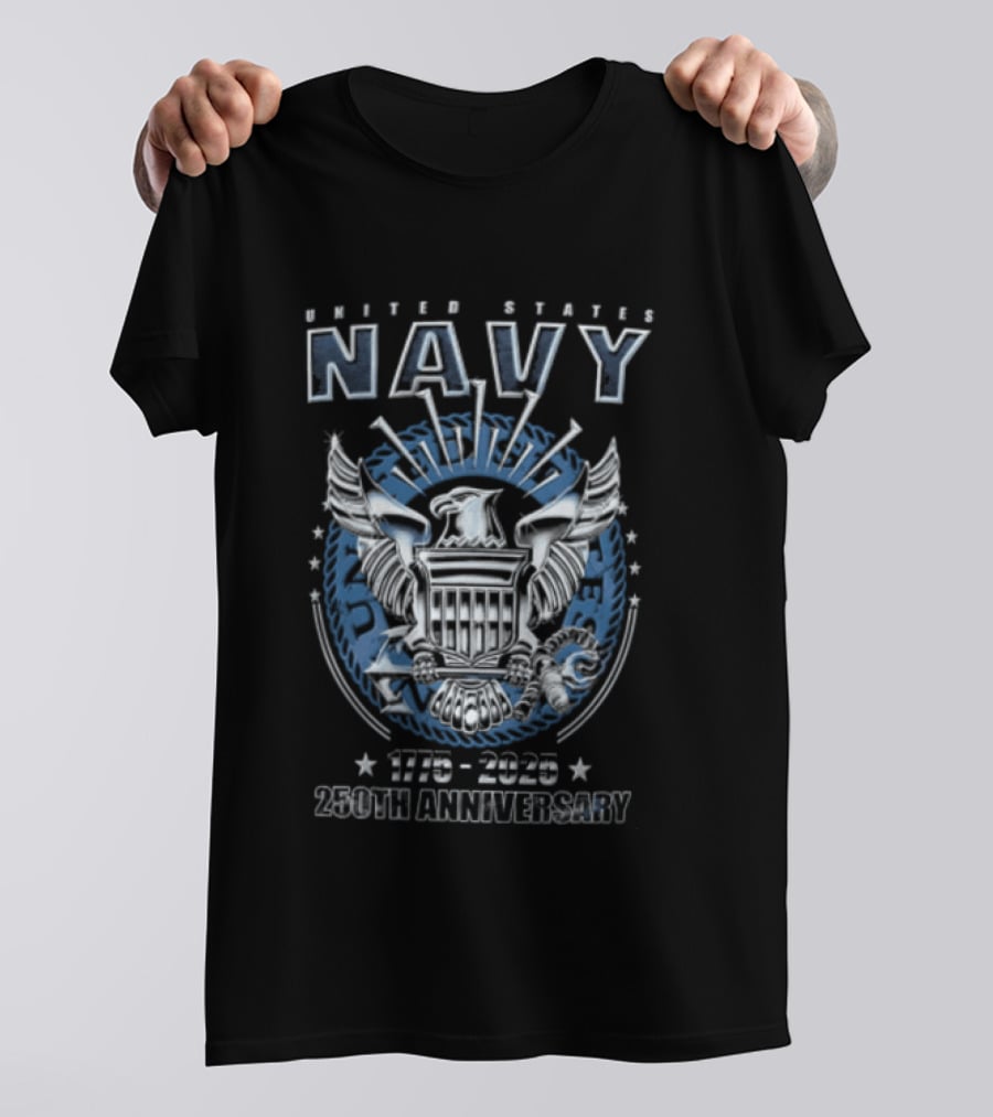 United States Navy 1775 2025 250th Anniversary Silver Eagle Holding Shield T-Shirt
