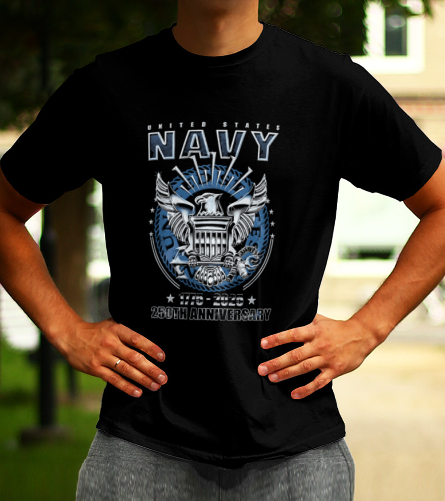United States Navy 1775 2025 250th Anniversary Silver Eagle Holding Shield T-Shirt