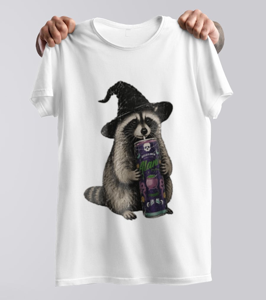 Alani Witches Brew Raccoon Witch Hat Can Holding T-Shirt