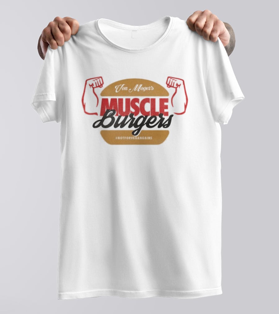 Calum Von Moger Muscle Burgers Flexing Arms Brown And Red Burger T-Shirt