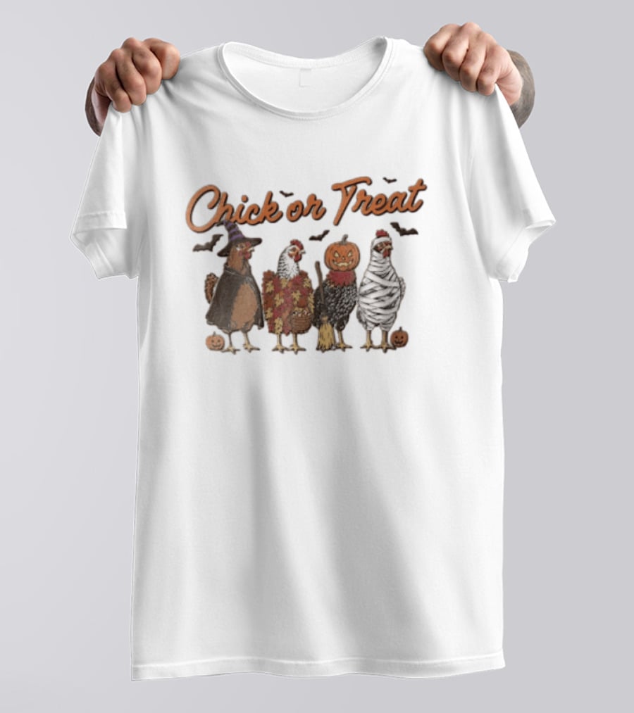 Chick Or Treat Halloween Chickens In Witch Mummy Pumpkin Costumes With Autumn Leaves And Bats T-Shirt