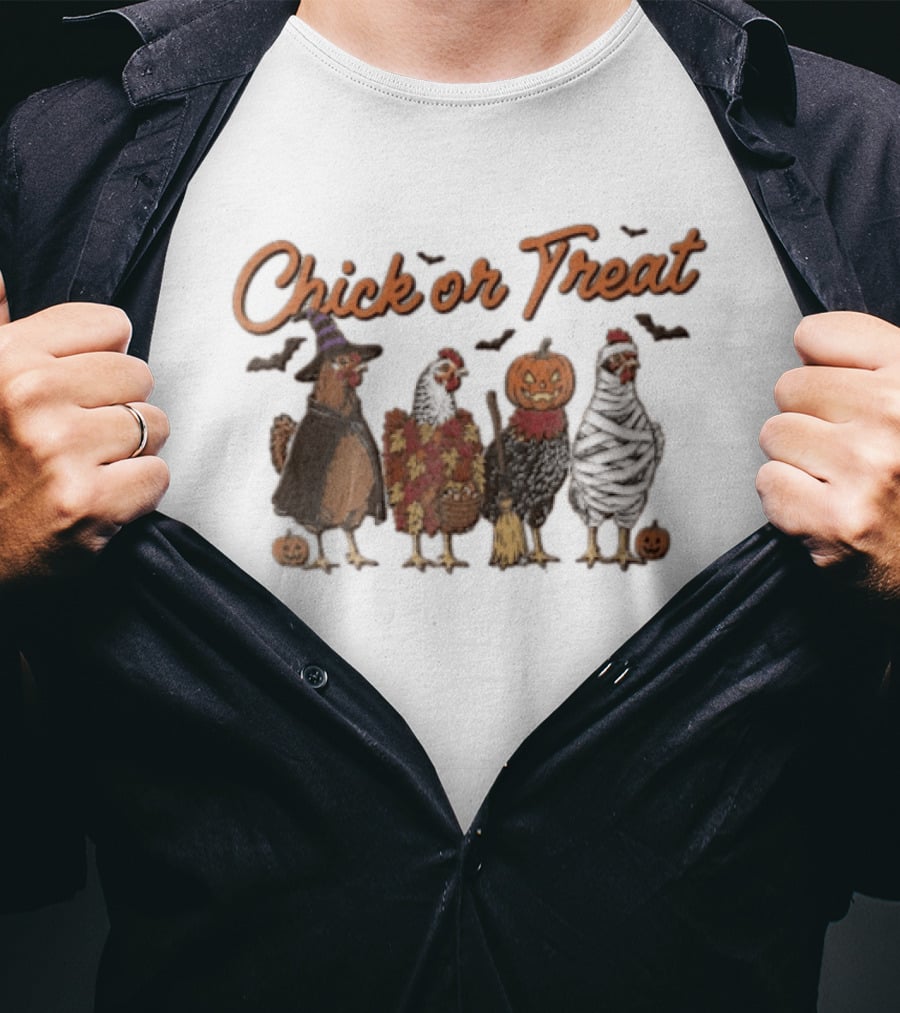 Chick Or Treat Halloween Chickens In Witch Mummy Pumpkin Costumes With Autumn Leaves And Bats T-Shirt