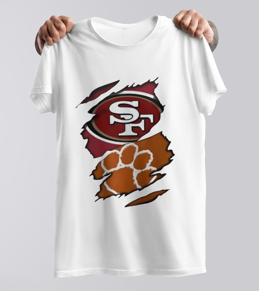 San Francisco 49ers SF And Clemson Tigers Paw Ripped Fabric T-Shirt