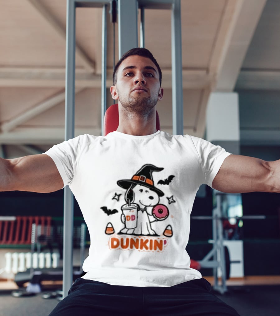 Snoopy Dunkin Donuts Halloween Witch Doughnut Coffee Cup Bats Candy Corn T-Shirt