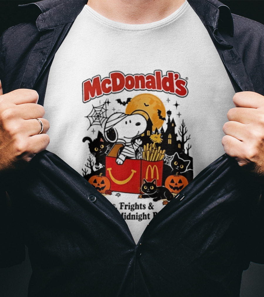 Snoopy McDonald's Halloween Fires Frights Midnight Bites Pumpkin Black Cat Moon T-Shirt