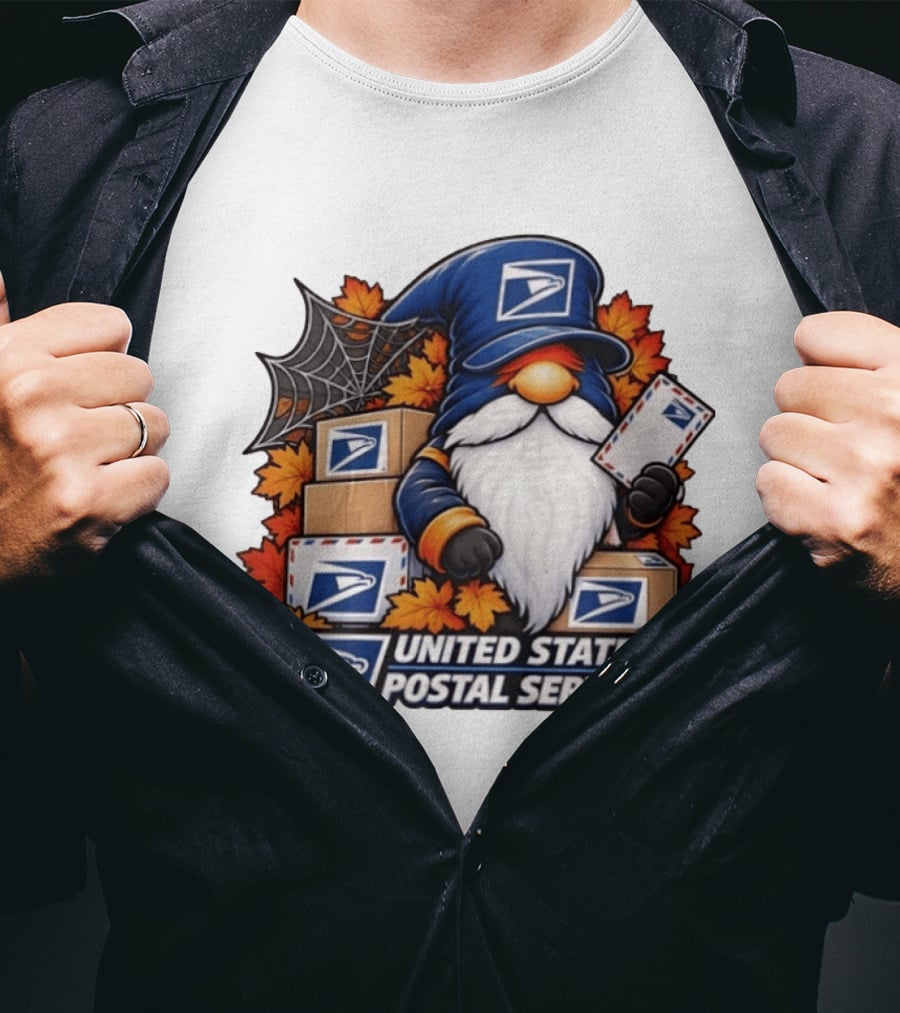 United States Postal Service Halloween Gnome With Mail And Fall Leaves T-Shirt