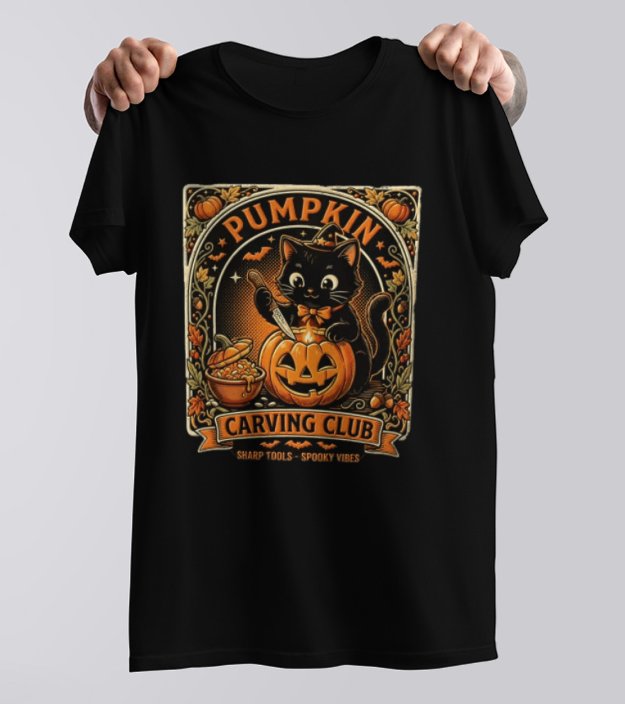 Pumpkin Carving Club Black Cat Sharp Tools Spooky Vibes T-Shirt