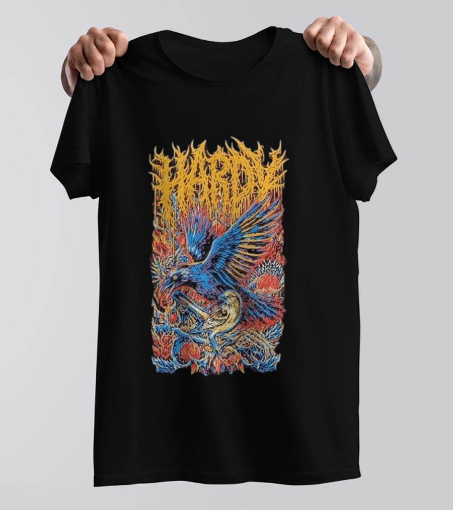 Hardy Blue And Yellow Birds With Fruit In Fiery Scene T-Shirt