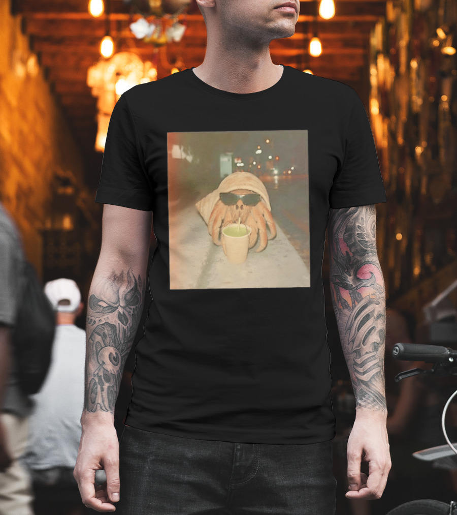 Hermit Crab Sunglasses Drinking Iced Beverage At Night T-Shirt