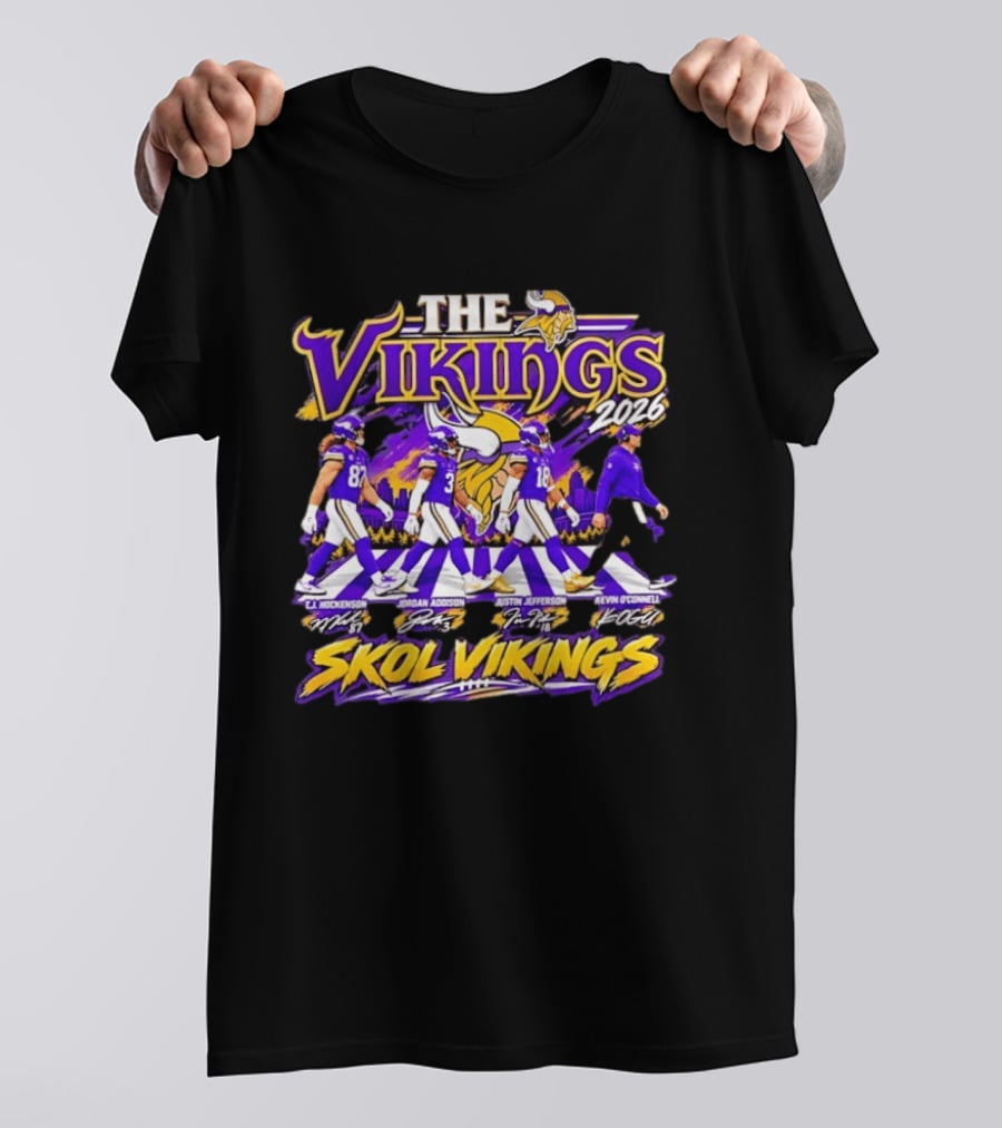 The Vikings 2026 J.J. Hockenson Jordan Addison Justin Jefferson Kevin O'Connell Skol Vikings T-Shirt
