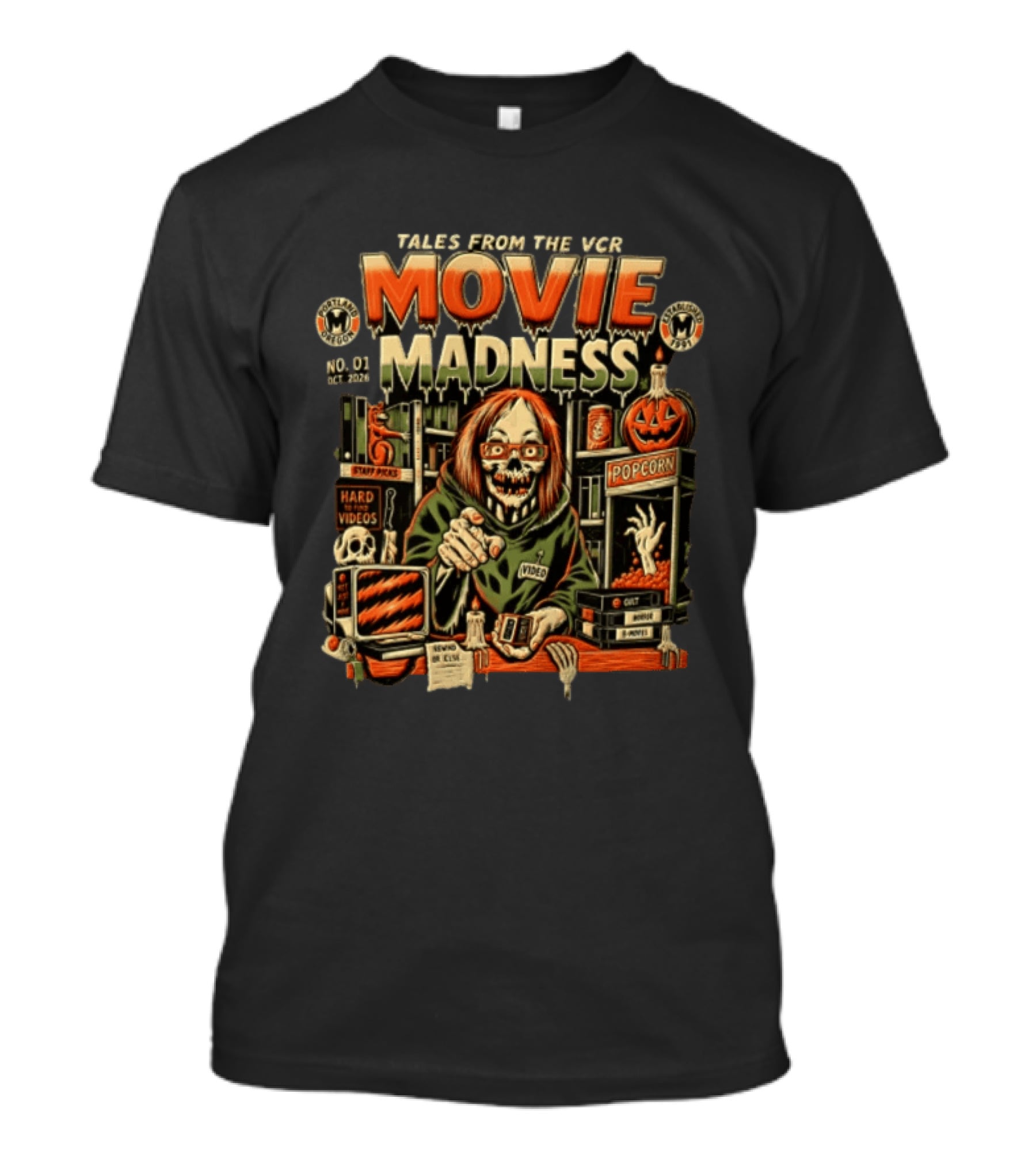 Tales From The VCR Movie Madness Halloween 2026 No. 01 October Horror Video Popcorn T-Shirt