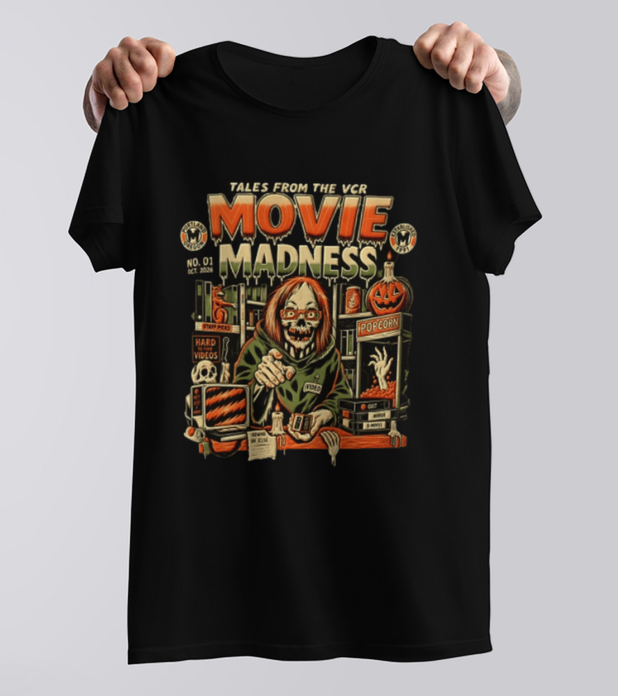 Tales From The VCR Movie Madness Halloween 2026 No. 01 October Horror Video Popcorn T-Shirt