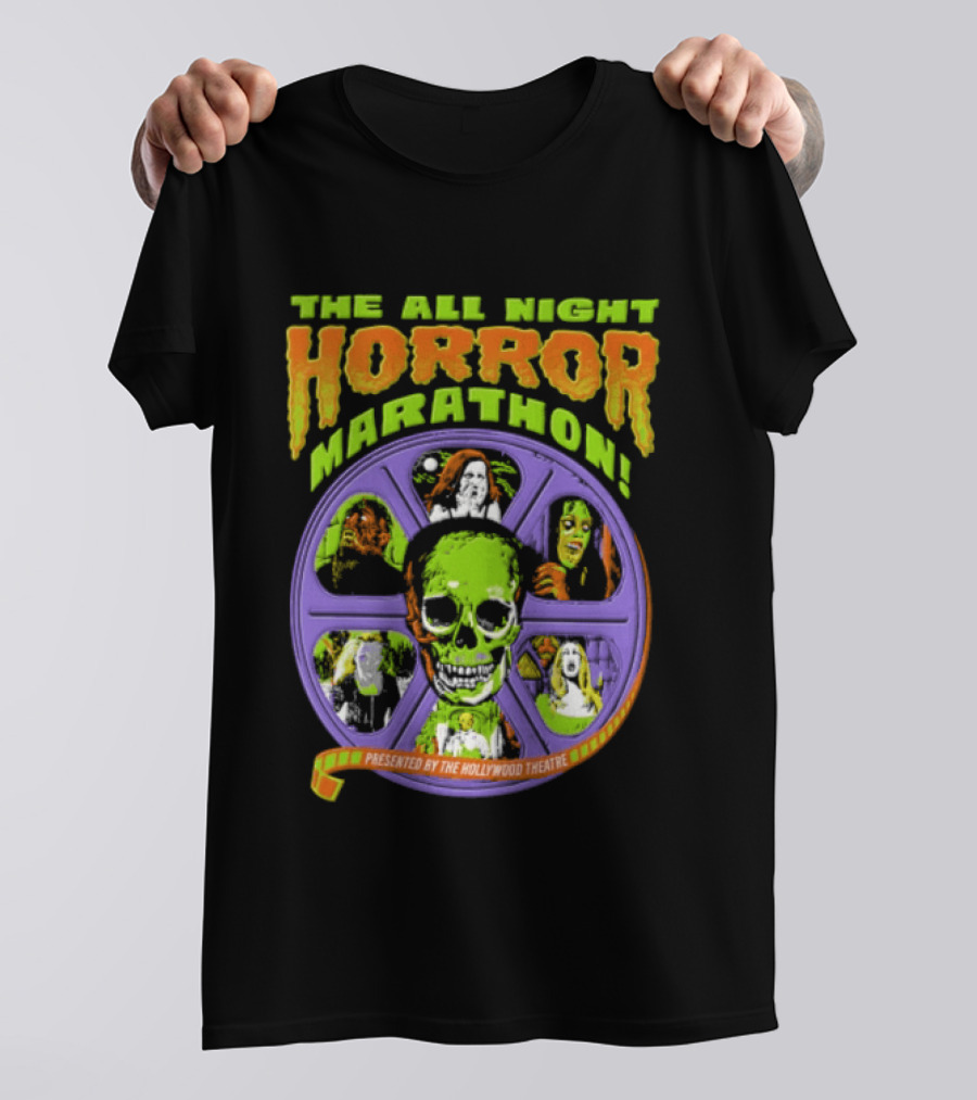 The All Night Horror Marathon Presented By The Hollywood Theatre Skulls And Monster Faces 2026 T-Shirt