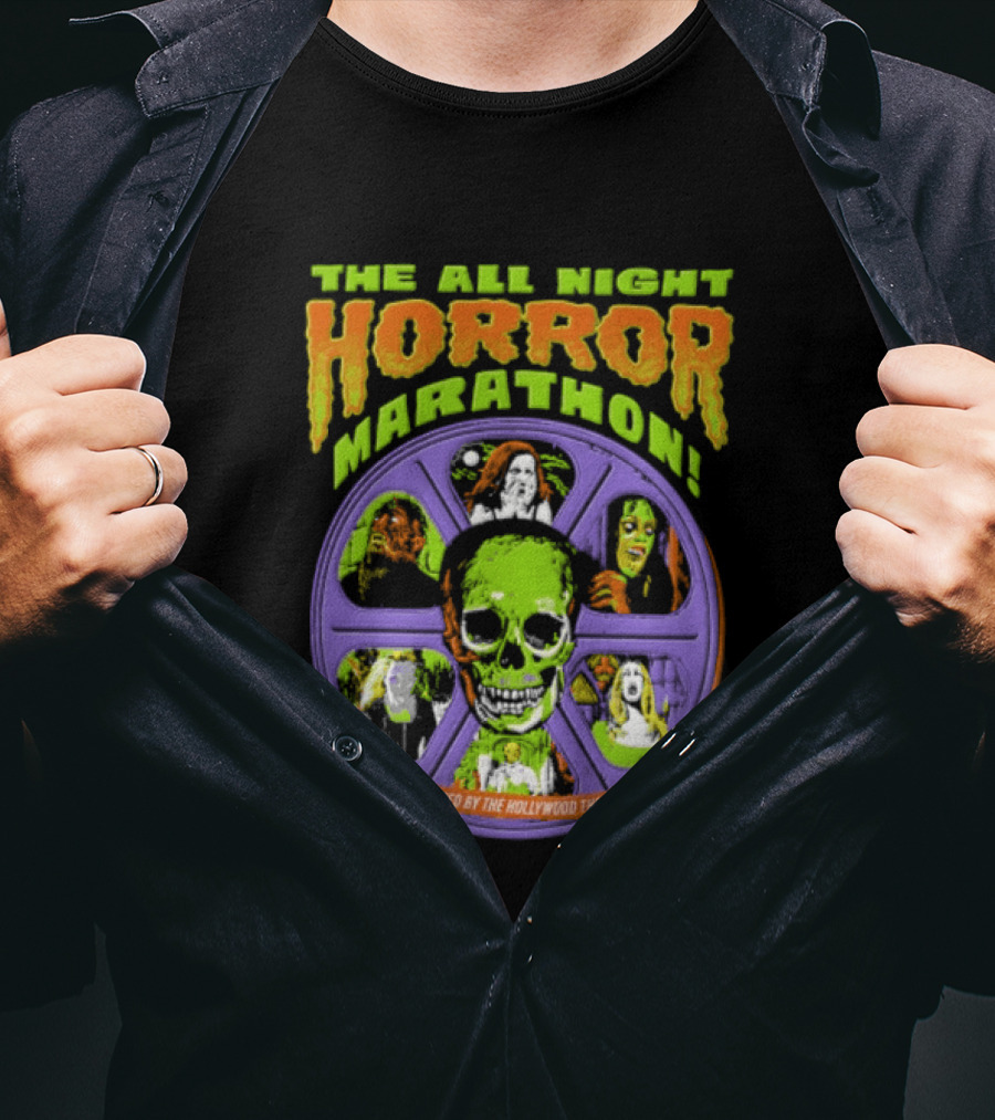 The All Night Horror Marathon Presented By The Hollywood Theatre Skulls And Monster Faces 2026 T-Shirt