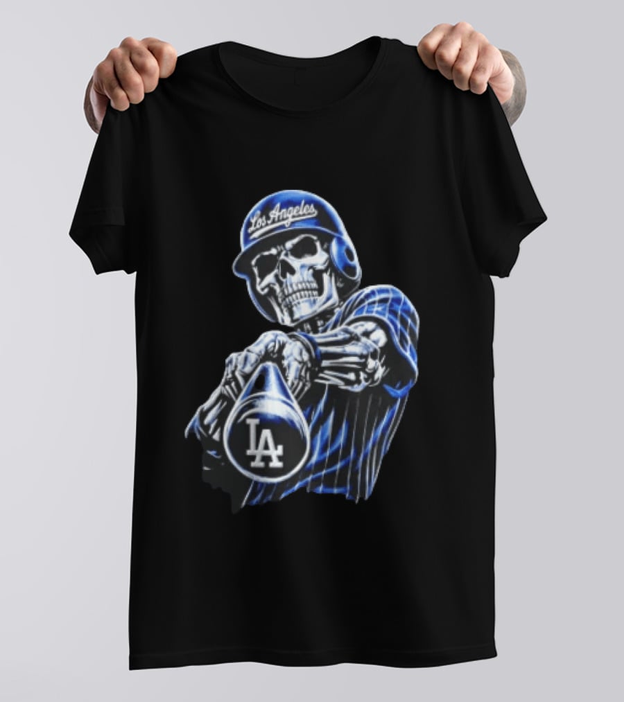 Los Angeles Dodgers Skeleton Baseball Player Pinstripe Jersey LA Cap T-Shirt