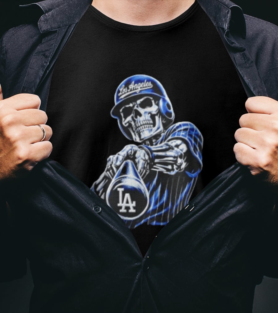 Los Angeles Dodgers Skeleton Baseball Player Pinstripe Jersey LA Cap T-Shirt