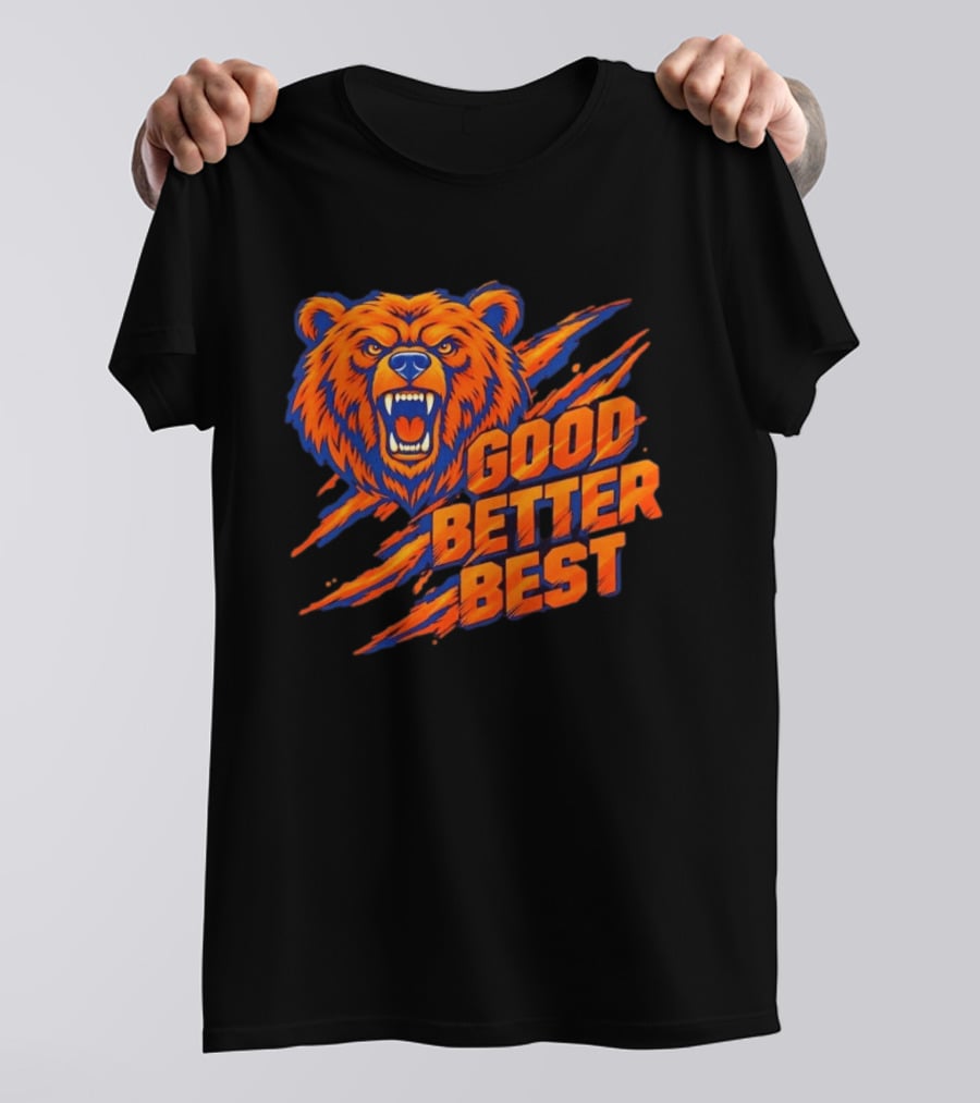 Good Better Best Grizzly Bear Claw Scratch Roaring Face Orange Blue T-Shirt