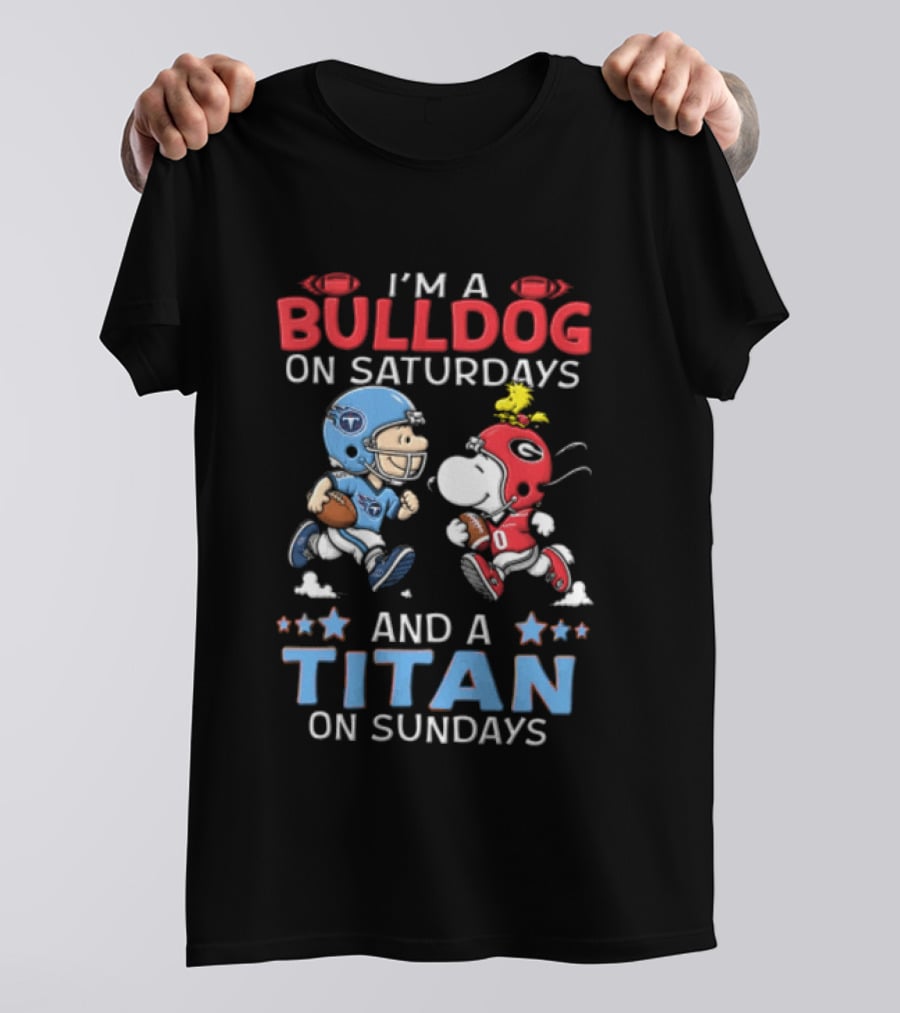 I'm A Bulldog On Saturdays And A Titan On Sundays Charlie Brown Snoopy Woodstock T-Shirt