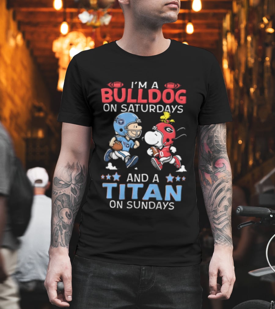 I'm A Bulldog On Saturdays And A Titan On Sundays Charlie Brown Snoopy Woodstock T-Shirt