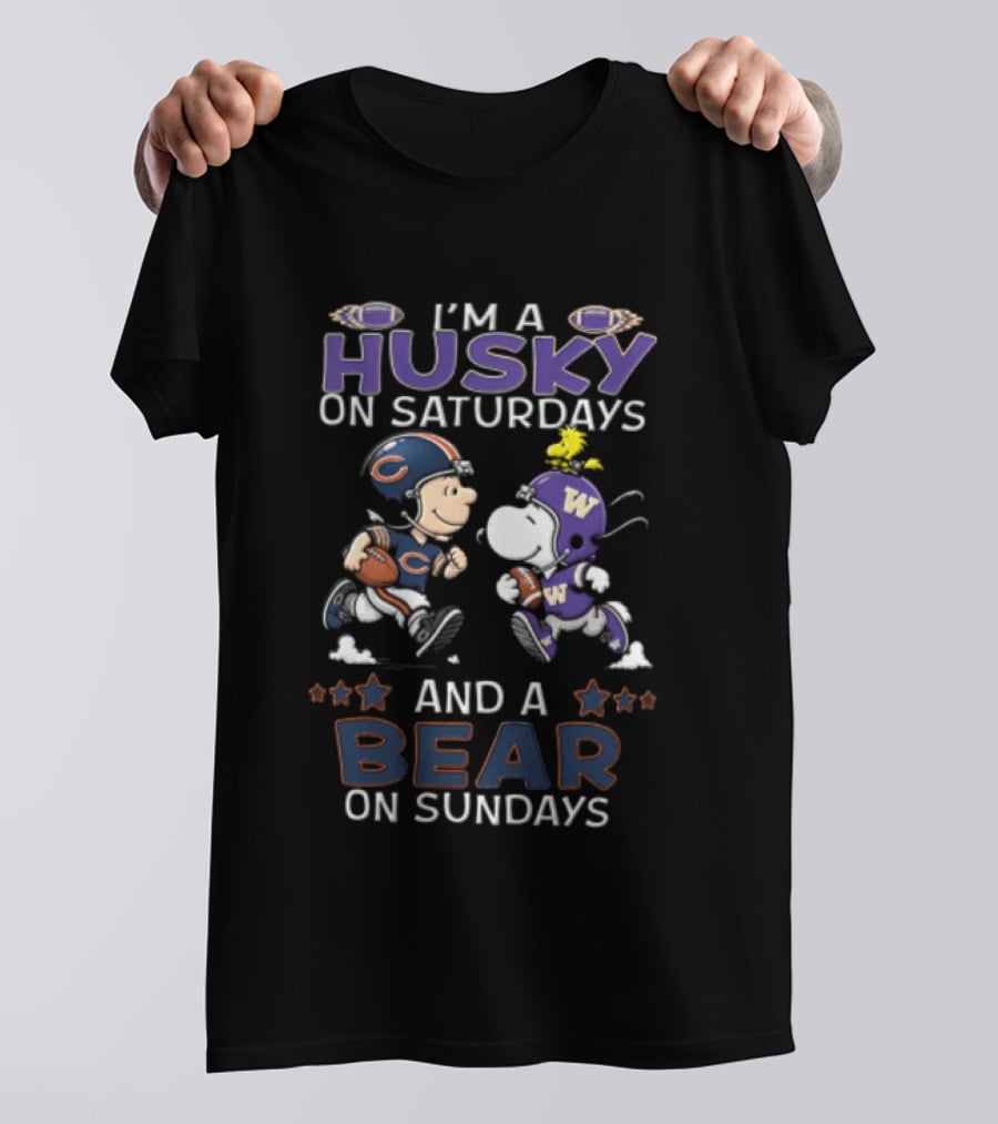 Charlie Brown Snoopy Woodstock I'm A Husky On Saturdays Bear On Sundays NCAAF Peanuts Football T-Shirt