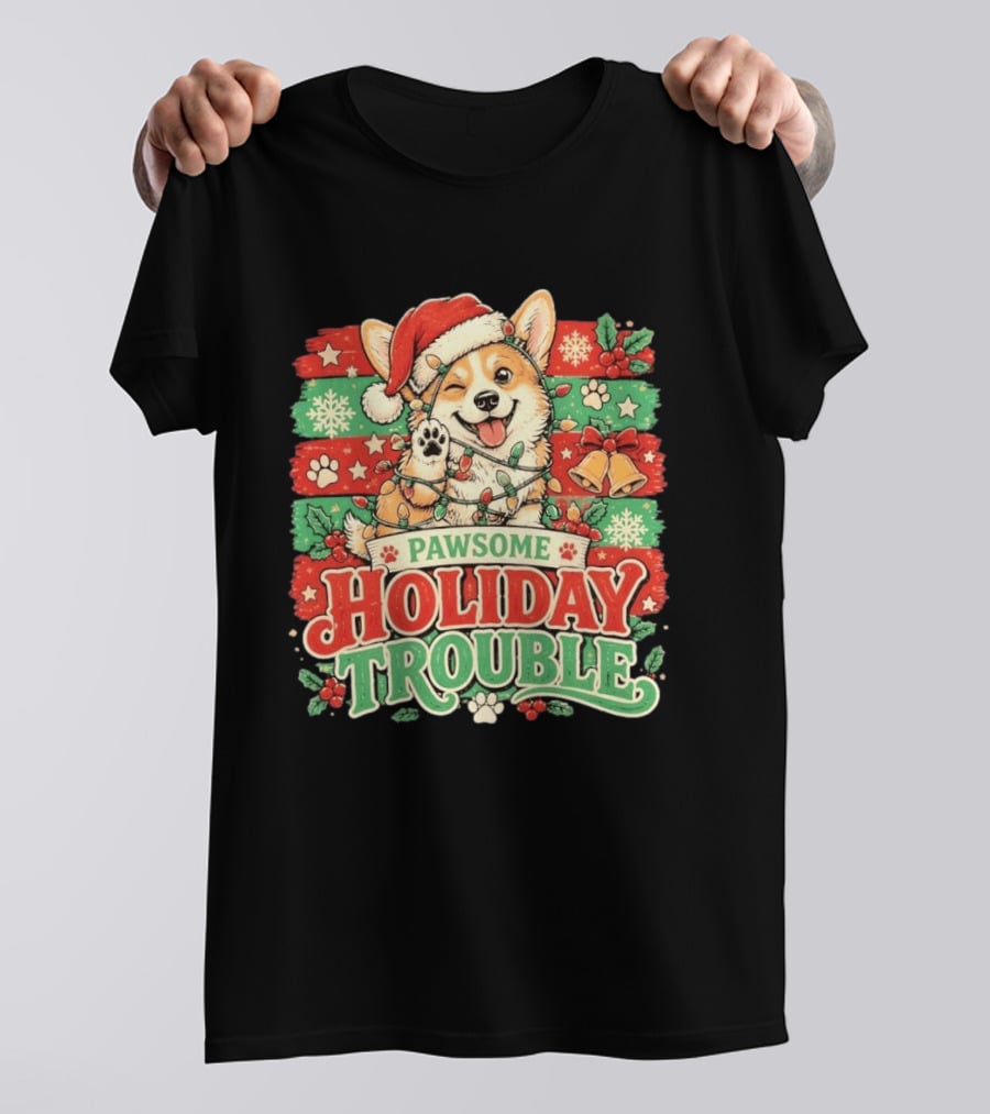 Pawsome Corgi Santa Hat Holiday Trouble Christmas Lights T-Shirt