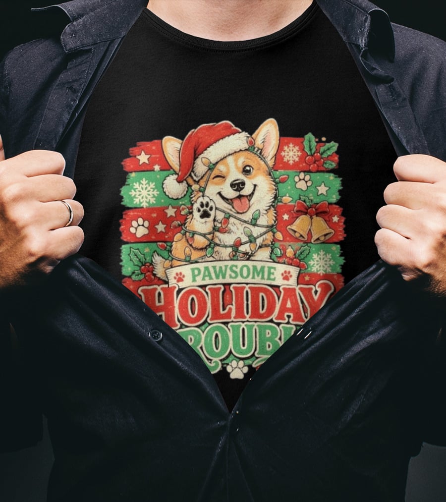 Pawsome Corgi Santa Hat Holiday Trouble Christmas Lights T-Shirt