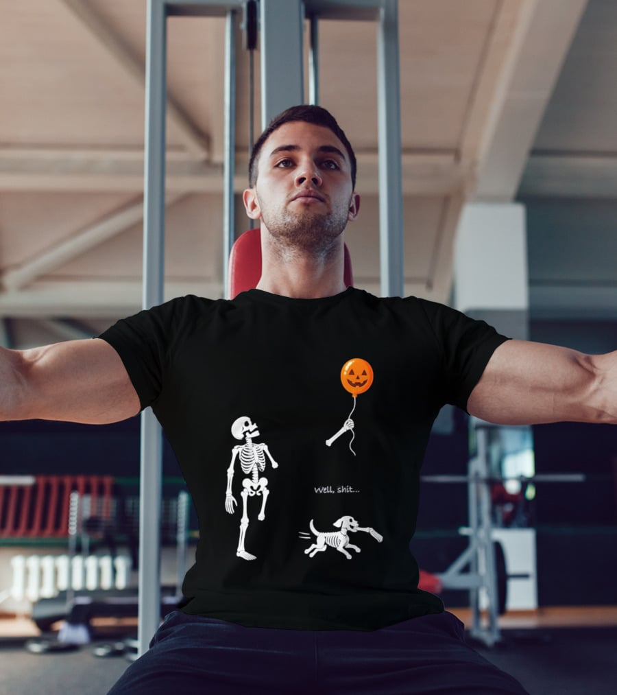 Skeleton Losing Halloween Pumpkin Balloon To Dog Well Shit T-Shirt
