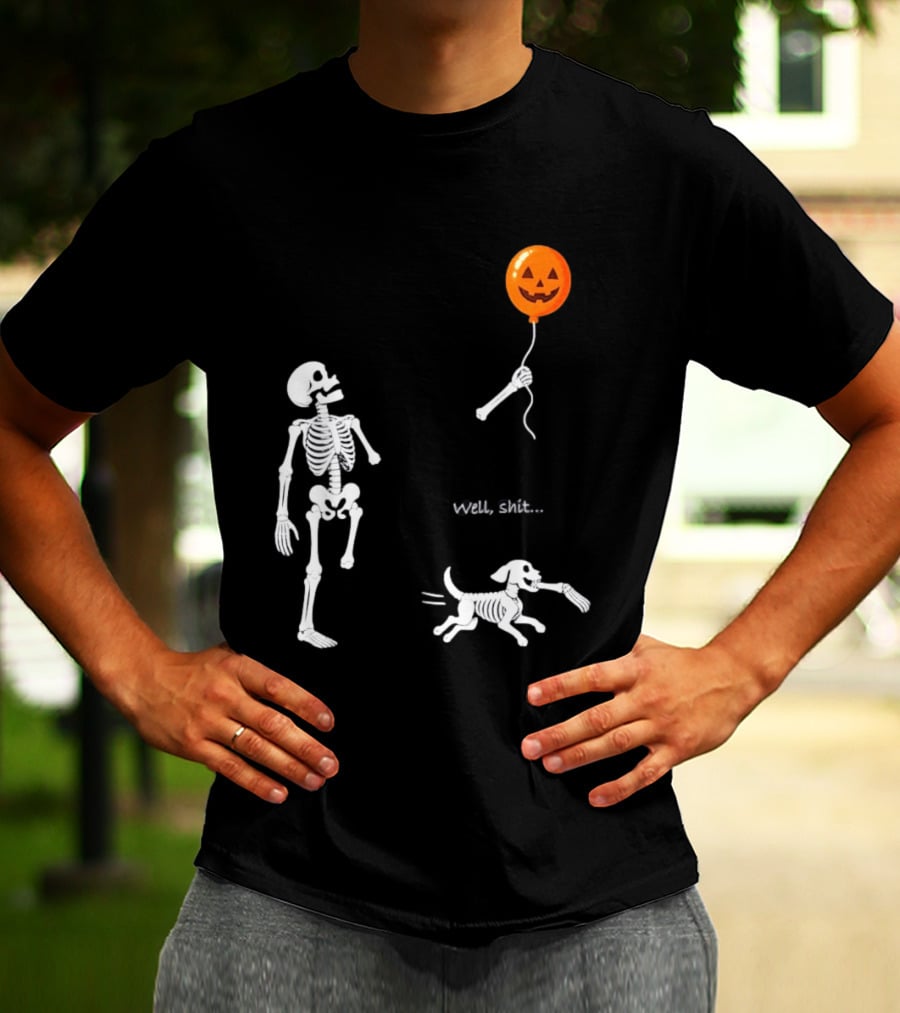 Skeleton Losing Halloween Pumpkin Balloon To Dog Well Shit T-Shirt