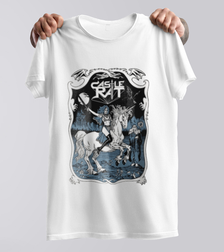 Castle Rat Warrior Woman Riding Unicorn Wizard Fantasy Scene T-Shirt