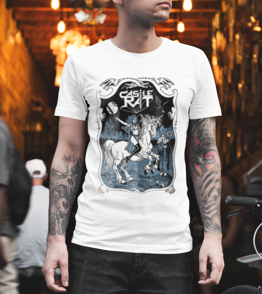 Castle Rat Warrior Woman Riding Unicorn Wizard Fantasy Scene T-Shirt