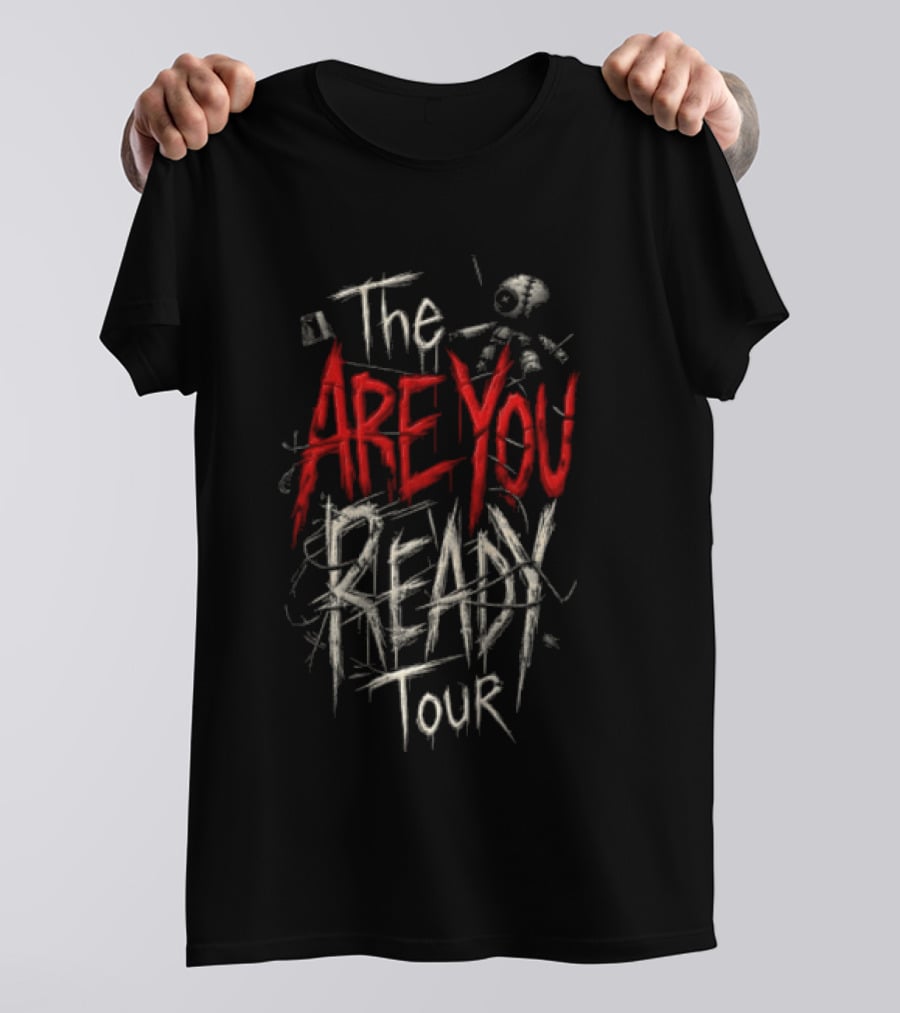 The Are You Ready Tour Red And White Bold Distressed Text With Stick Figure And Scribbles T-Shirt