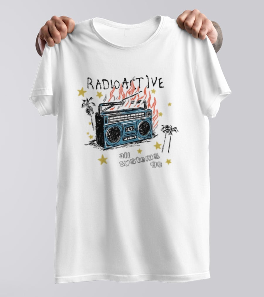 Radioactive All Systems Go Boombox Cassette Flames Stars Palms T-Shirt