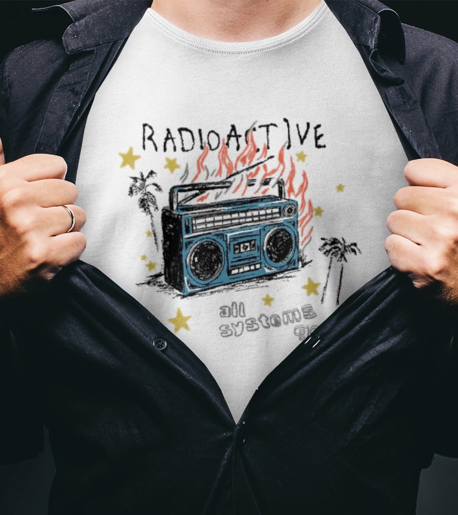 Radioactive All Systems Go Boombox Cassette Flames Stars Palms T-Shirt
